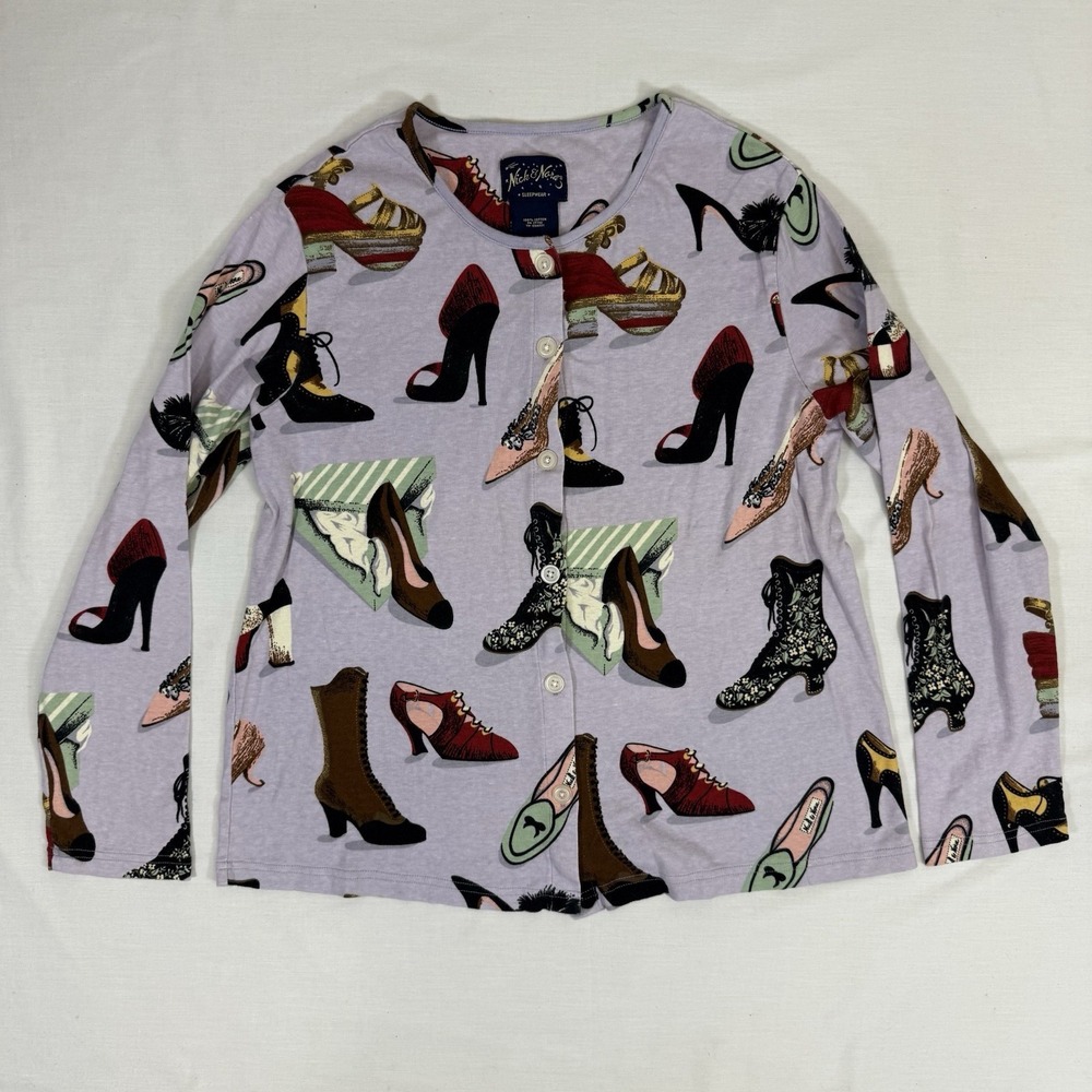 Vintage Y2K‎ Nick & Nora Women's Sz M Lavender Shoe Heels Button Down PJ Top
